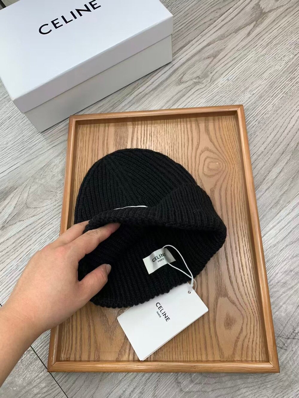 Celine Triomphe Ribbed Knit Beanie in Black - Picture 2 of 7